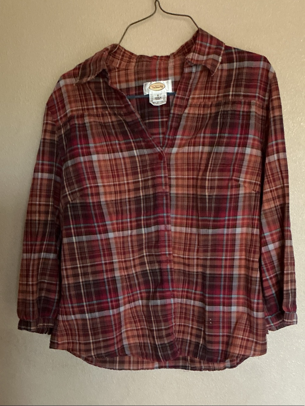 Talbots Plaid Button-Down Shirt - Red, Brown, Cream
